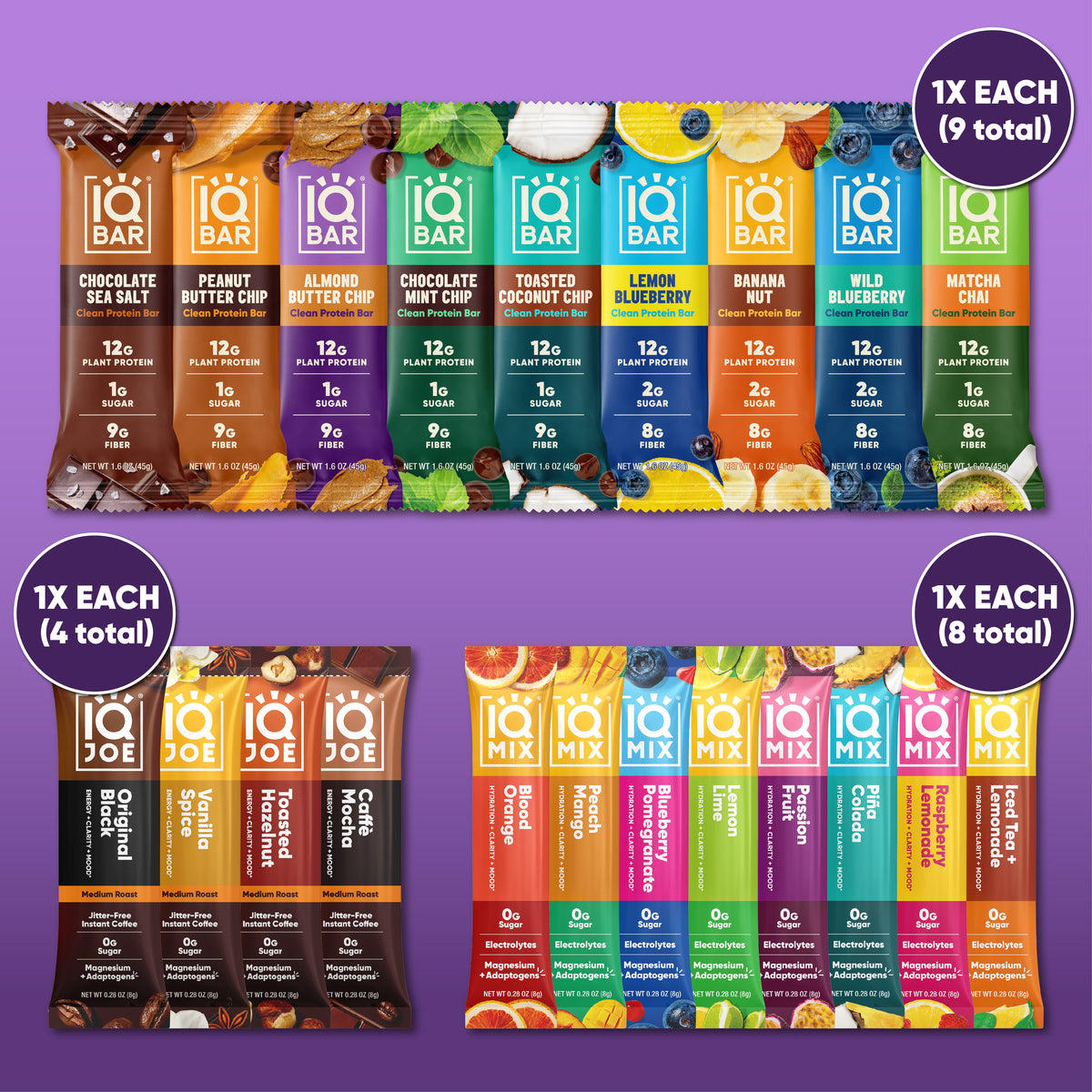 IQBAR Ultimate Sampler Variety Pack – 9 Protein Bars & 12 IQMIX Electrolyte Sticks