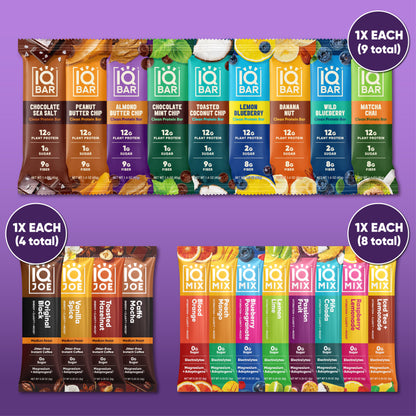 IQBAR Ultimate Sampler Variety Pack – 9 Protein Bars & 12 IQMIX Electrolyte Sticks
