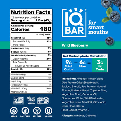 IQBAR Wild Blueberry Protein Bars Keto Friendly Snack Bars