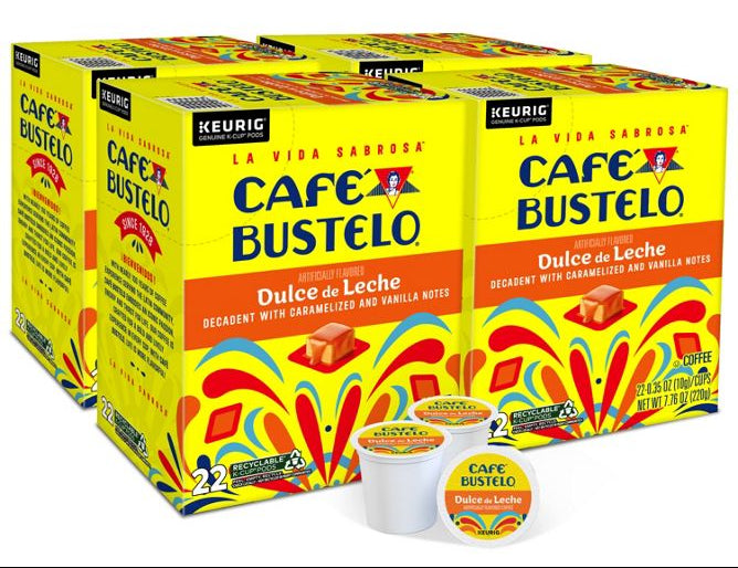 Cafe Bustelo Dulce de Leche K-Cup pods packaging with colorful design and branding.